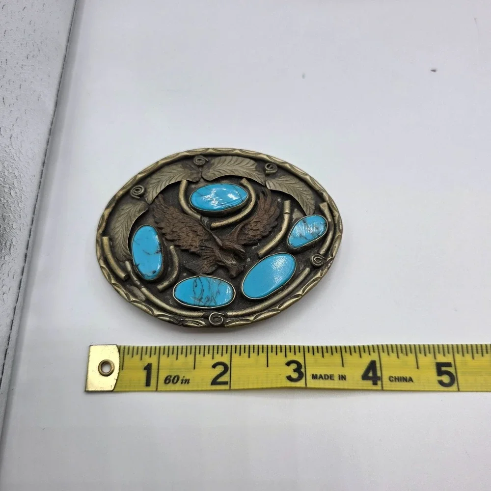 Vintage Navajo SS‎ Mark Eagle Belt Buckle Turquoise Stones Brass Tone Western